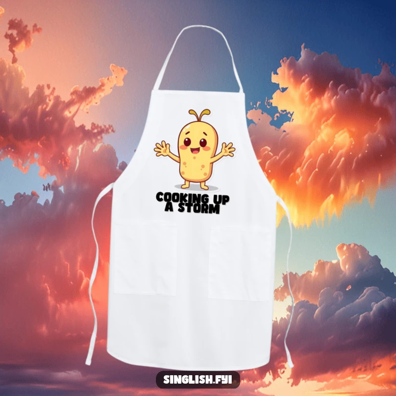 Funny cheerful roti character fanning itself, depicted on a cooking apron, for the kitchen.