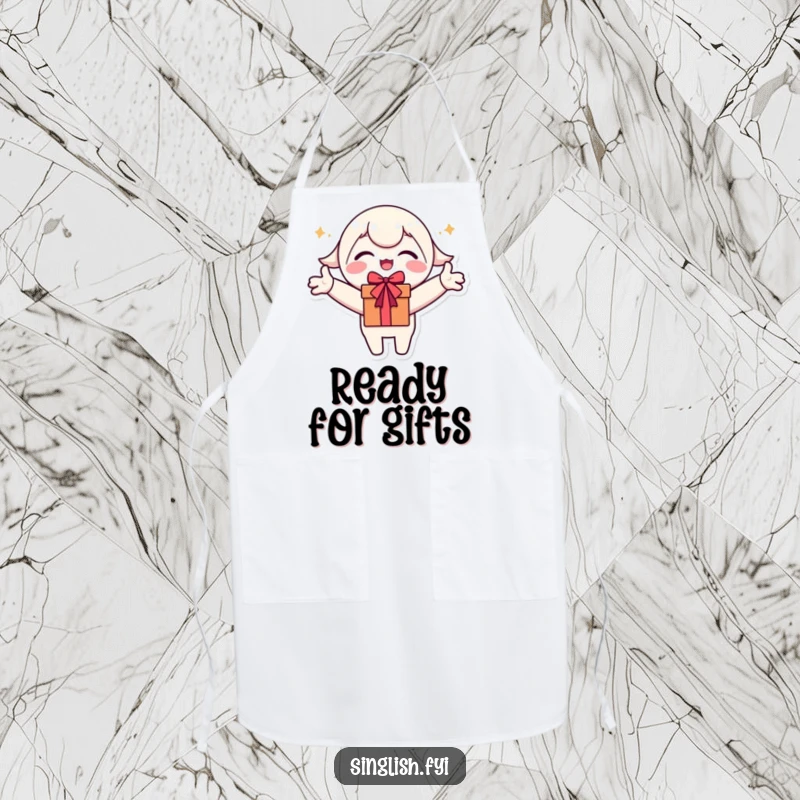 Funny Apron: Cute character with arms outstretched, comically enthusiastic about cooking and receiving praise.