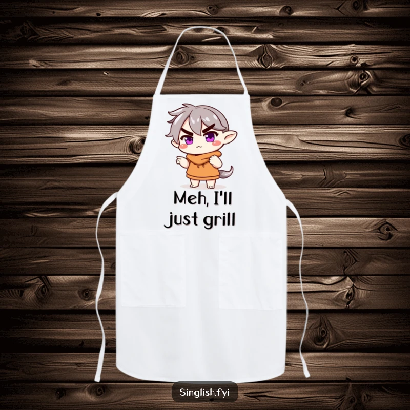 Funny Apron: A character shrugs with a raised eyebrow, bringing humorous nonchalance to kitchen activities.
