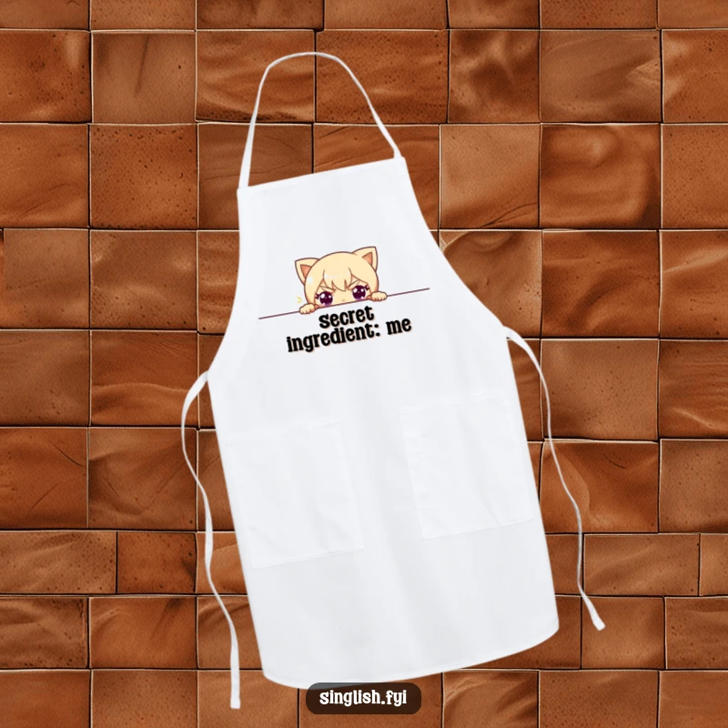 Funny apron with a character peeking playfully over the top, designed for humorous kitchen antics and cooking fun.