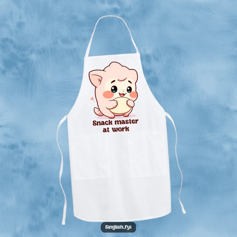 Funny apron showcasing a cute character with a cheeky grin holding a lah, ideal for kitchen fun and protective wear.