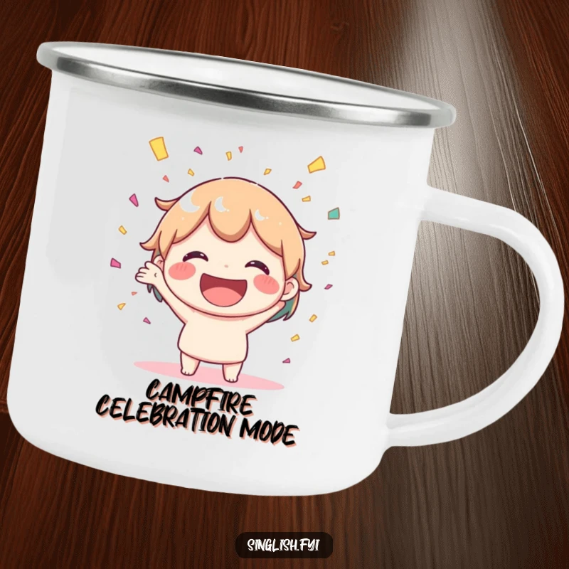 Funny camping mug with a joyful character smiling and throwing confetti, ideal for outdoor celebrations and humor lovers.