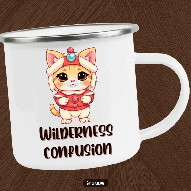 Funny Cat Camping Mug: A bewildered cat wears a lion dance costume, ideal for outdoor fun with funny pet vibes, excellent funny gift.