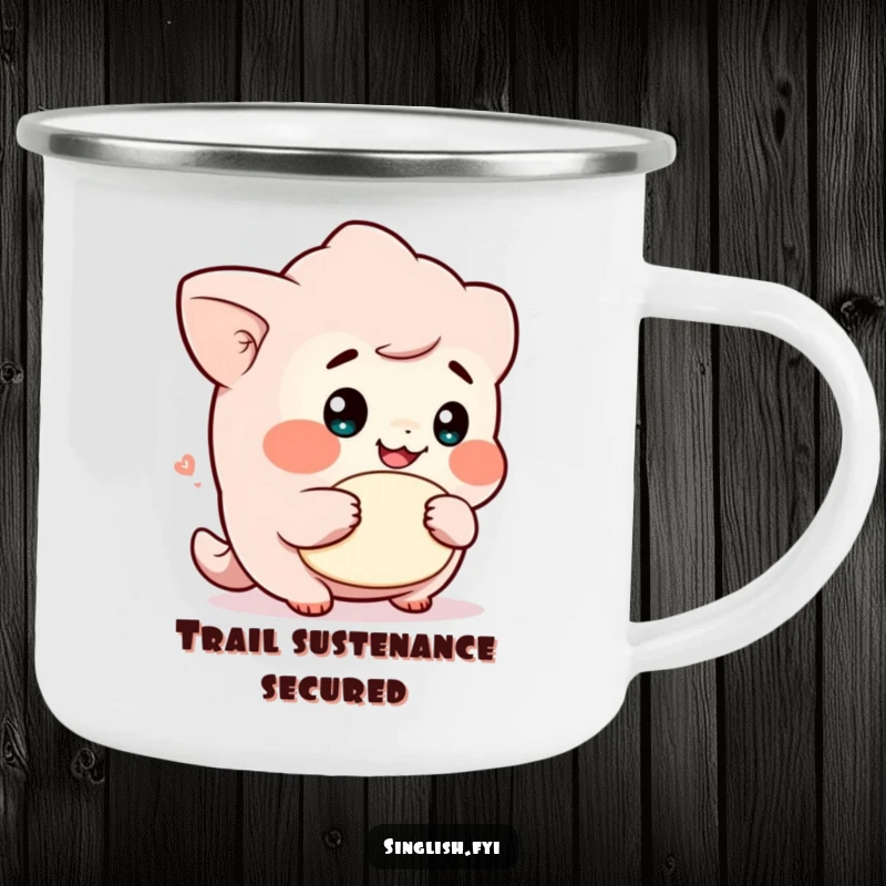 Funny camping mug with a cute character's cheeky grin holding a lah, built for adventure and carrying smiles.