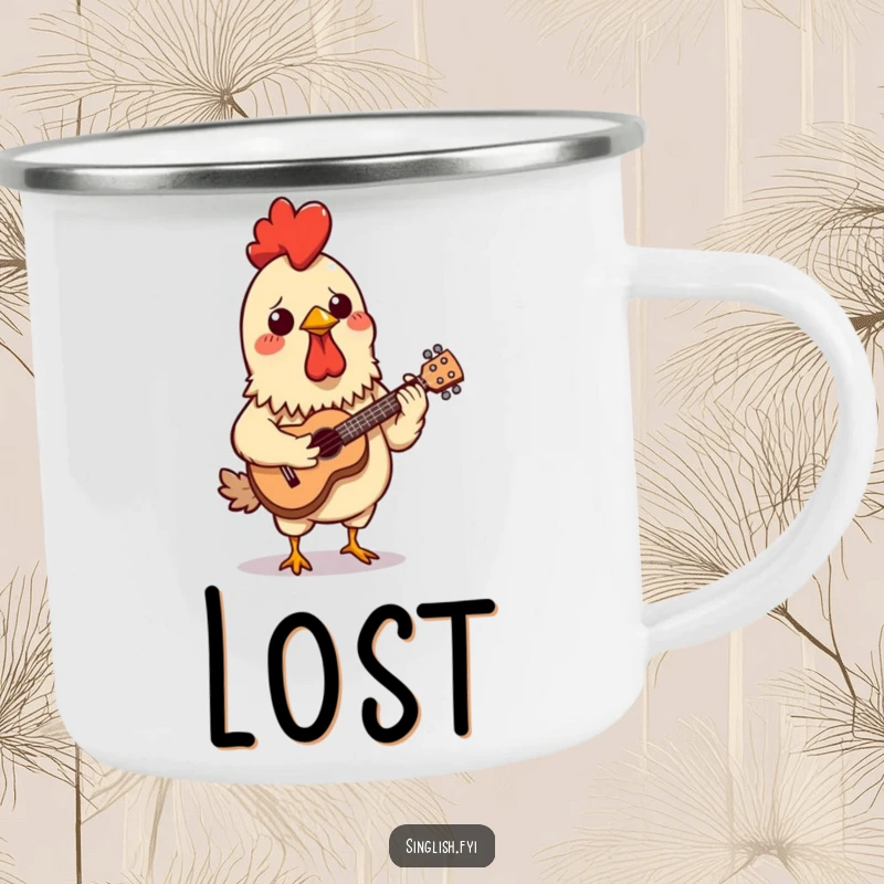 Funny camping mug with a confused chicken satay skewer playing a miniature ukulele, ideal for humorous outdoor beverage enjoyment.