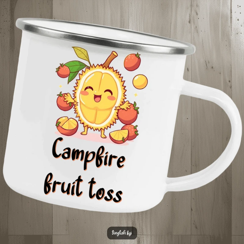Funny Durian Camping Mug: A cheerful fruit juggles other fruits, ideal for outdoor fun with funny tropical vibes, excellent funny gift.