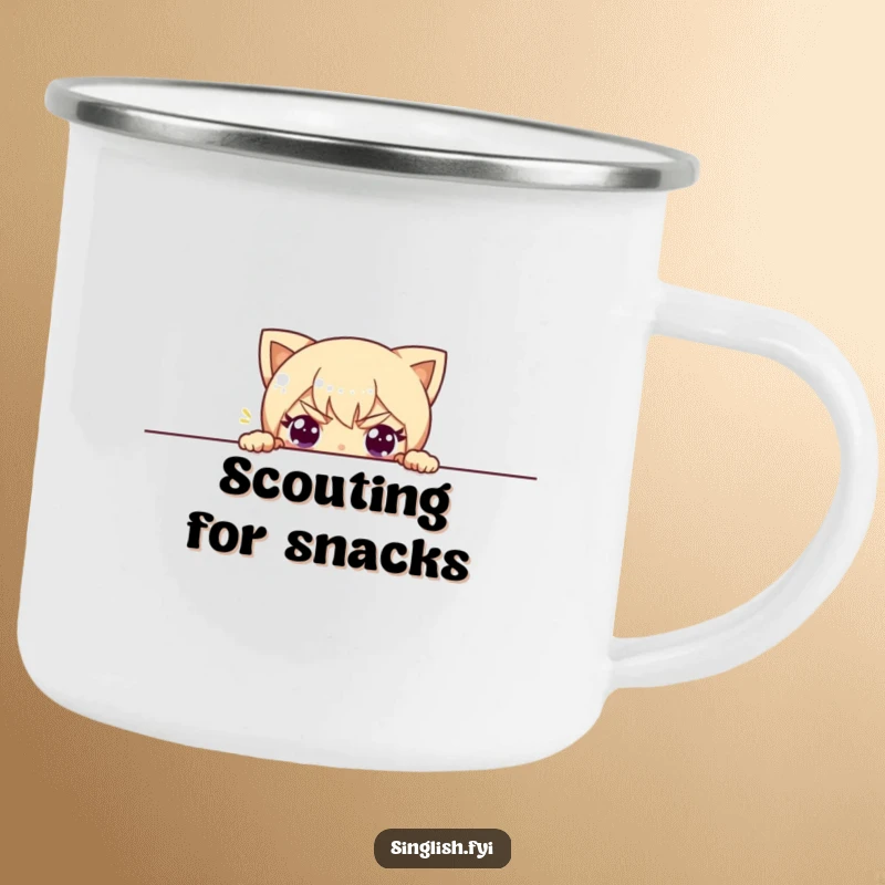 Funny camping mug featuring a character peeking playfully over the rim, a humorous companion for outdoor adventures.
