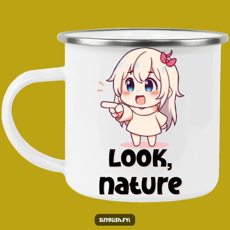 Funny Pointing Character Camping Mug: Share Camp Discoveries with Delight!