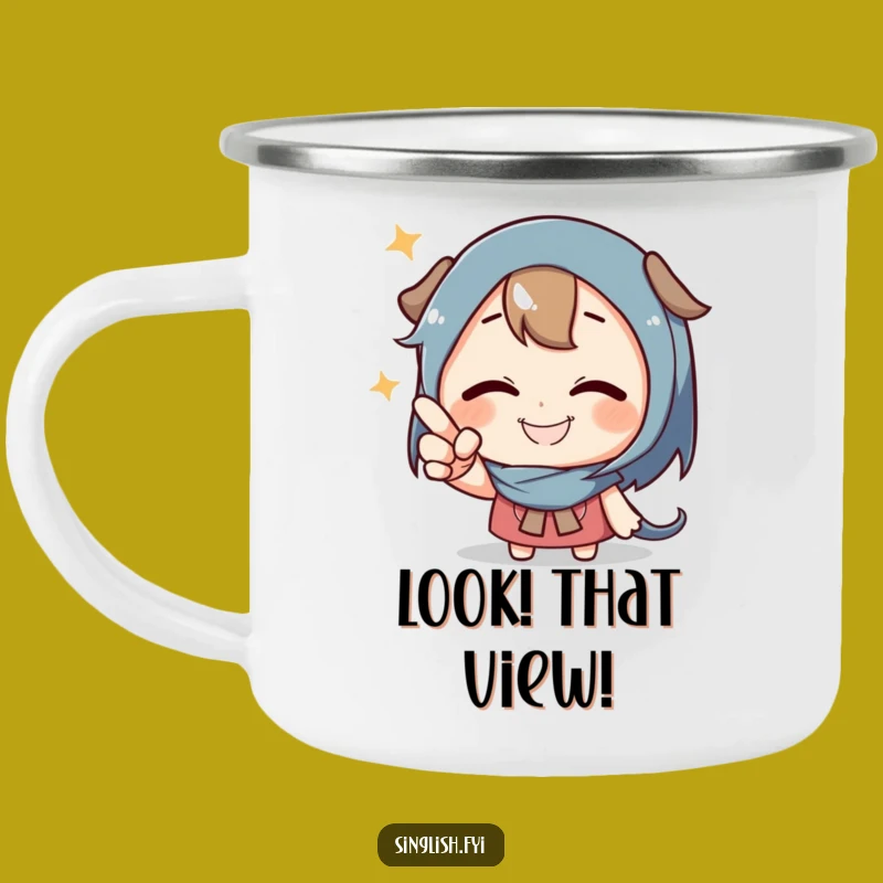 Funny Pointing Character Camping Mug - Playful Mystery Outdoor Gift