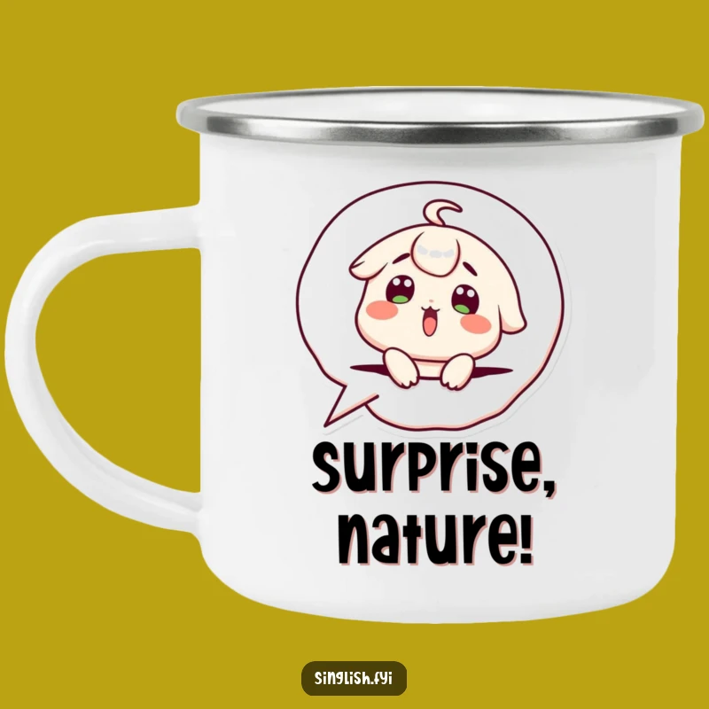 Funny Speech Bubble Camping Mug: Surprised Character - Humorous Outdoor Gift