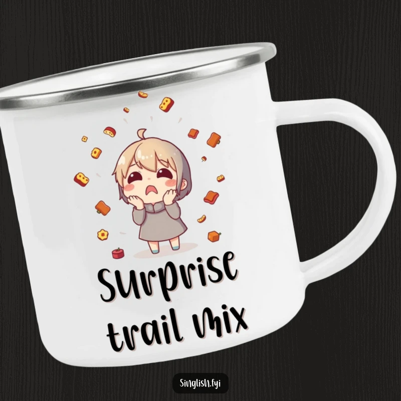 Funny food rain character camping mug featuring a surprised character in a food downpour, perfect for outdoor use.