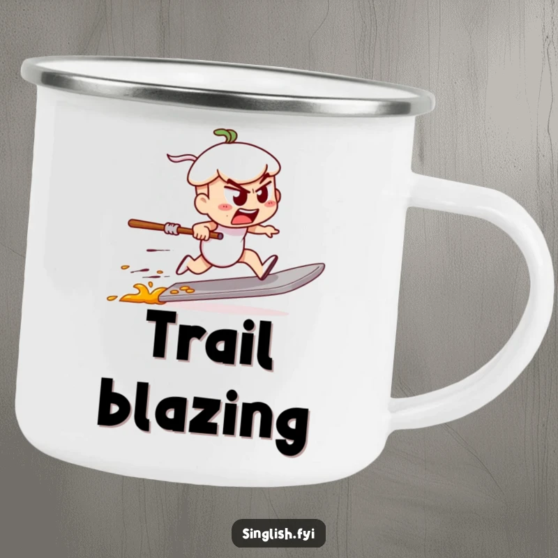 Funny camping mug with a determined char kway teow character speed racing on a spatula, perfect for enjoying beverages with energy.