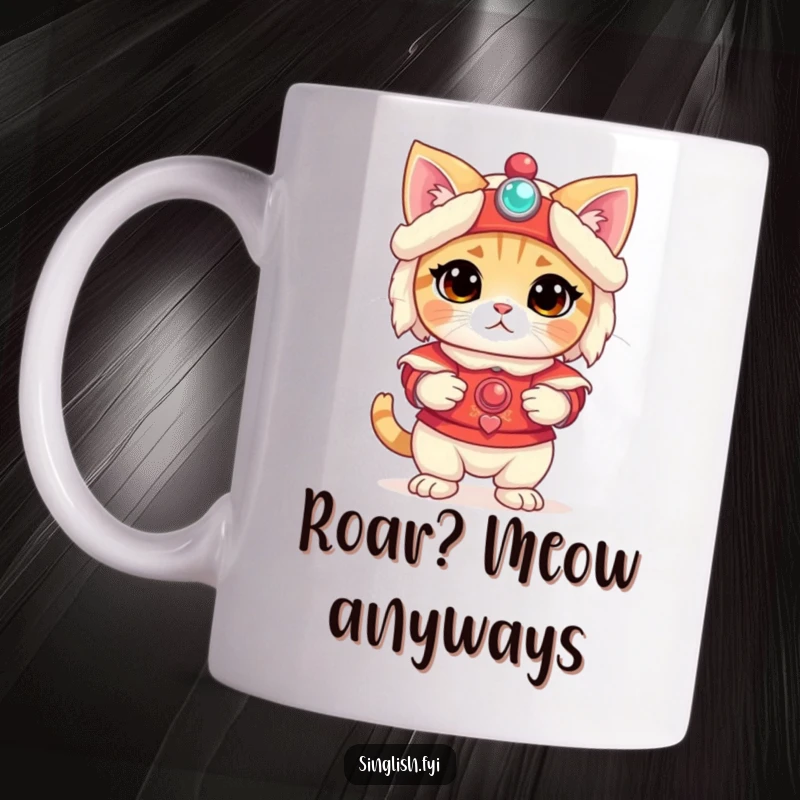 Funny Cat Mug: A bewildered feline in a lion dance costume looks confused, showcasing funny pet humor, perfect funny gift.