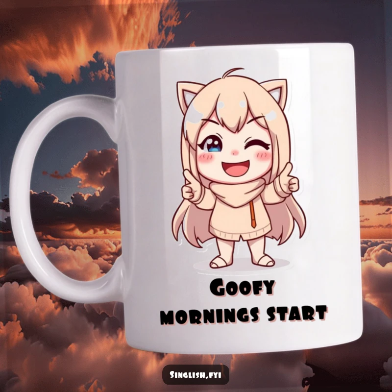 Funny Character Pose Mug: A cheerful character striking a hilarious, goofy pose with a wide, comical smile.