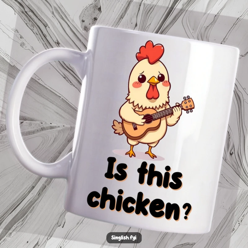 Funny mug with a confused chicken satay skewer attempting to play a miniature ukulele, creating a bizarre and humorous scene.
