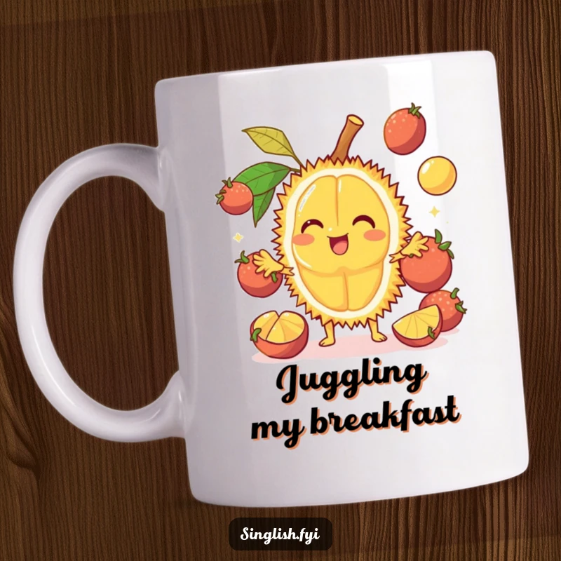 Funny Durian Mug: A cheerful fruit character juggles other fruits, showcasing funny foodie humor, perfect funny gift.