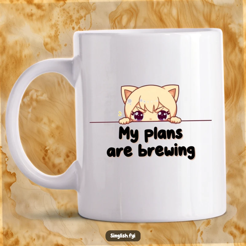 Funny mug featuring a character peeking mischievously over an unseen wall, eyes full of playful intent, a humorous surprise.