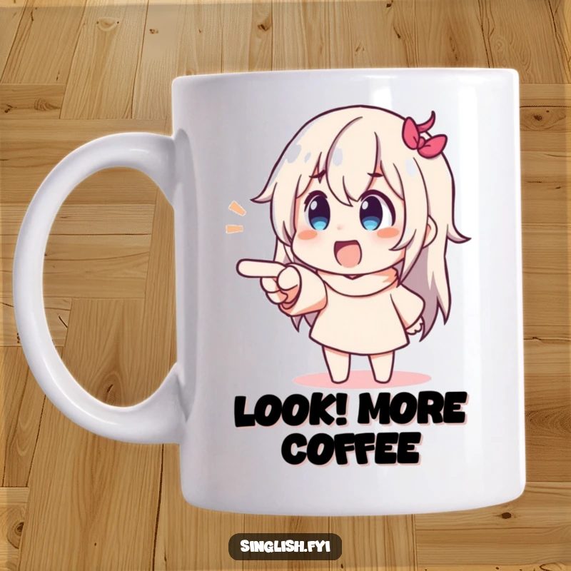 Funny Pointing Character Mug showing a character exaggeratedly pointing with delight at something unseen, conveying excitement and discovery.