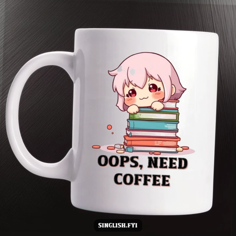 Funny Book Knockover Mug: A cute, sheepish character looking guilty next to a toppled stack of books, embodying relatable clumsiness.