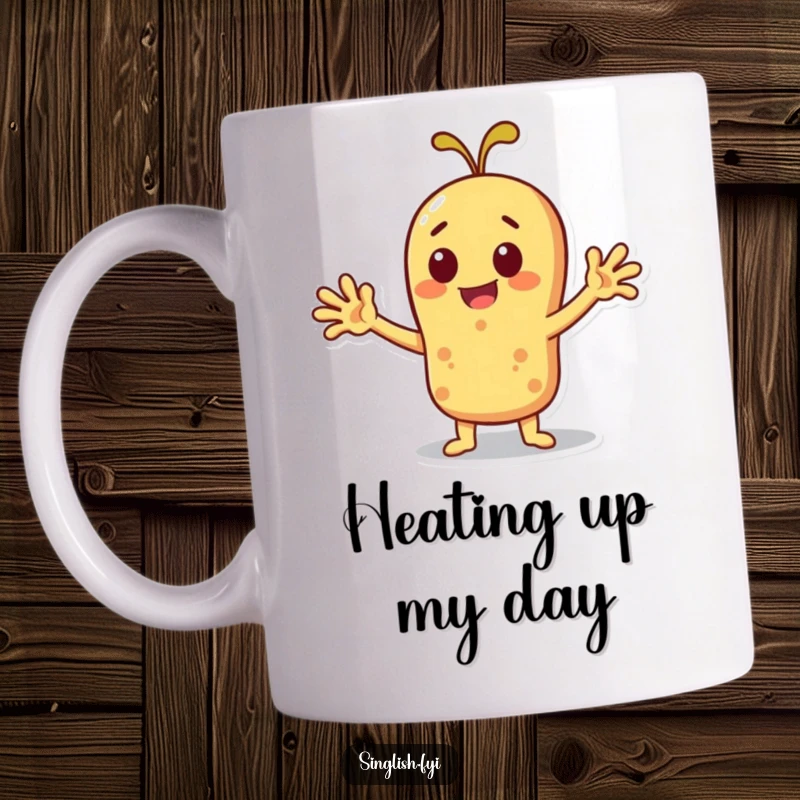 Funny cheerful roti character with arms outstretched, trying to fan itself, on a mug, a relatable gift.