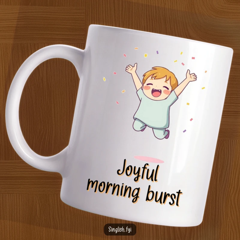 Funny Joyful Jump Mug showing a character leaping with excitement, gleefully throwing confetti, embodying pure celebration and happiness.