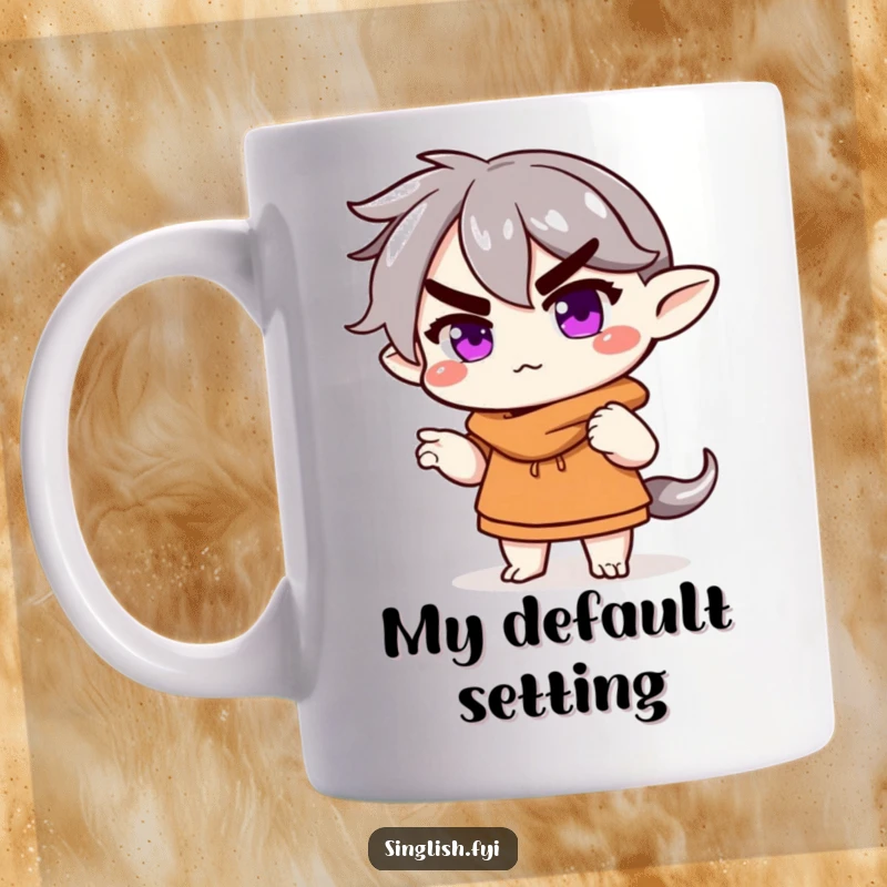 Funny Mug: A character shrugs with a raised eyebrow, embodying relatable indifference and a laid-back, humorous spirit.