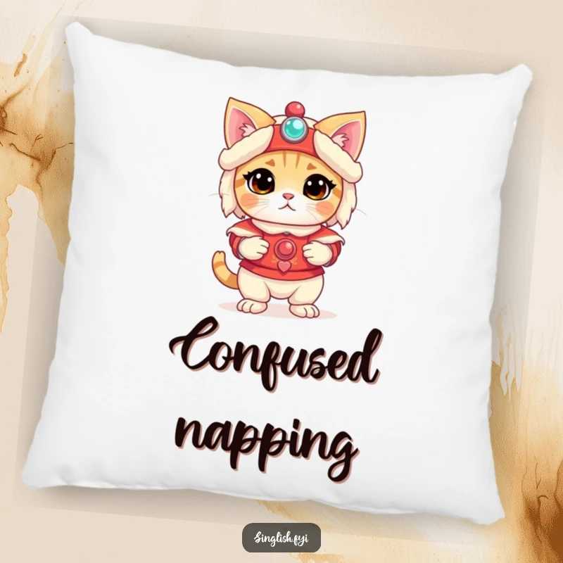 Funny Cat Pillow: A plush cushion of a confused cat in a lion costume, offering funny comfort and pet charm, great funny gift.