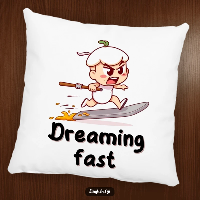 Funny pillow showcasing a determined char kway teow character racing on a spatula, providing soft, humorous, and energetic decor.