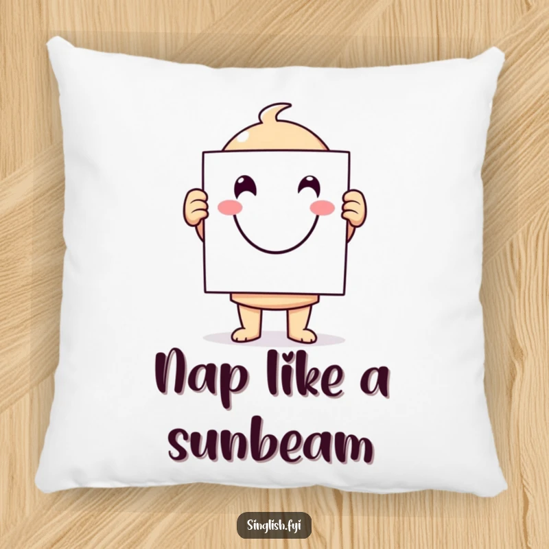 Funny character pillow showcasing a large, smiling face on a sign, adding a humorous and comforting touch to decor.