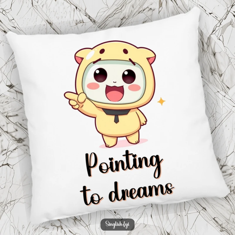Funny pillow with a cute character pointing with excitement, offering comfort and a whimsical touch to any seating area or bed.