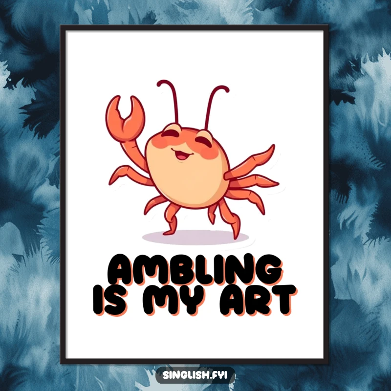 Funny chilli crab digital art print capturing a giggling character comically doing a sideways crab walk, a delightful piece of humorous wall decor.