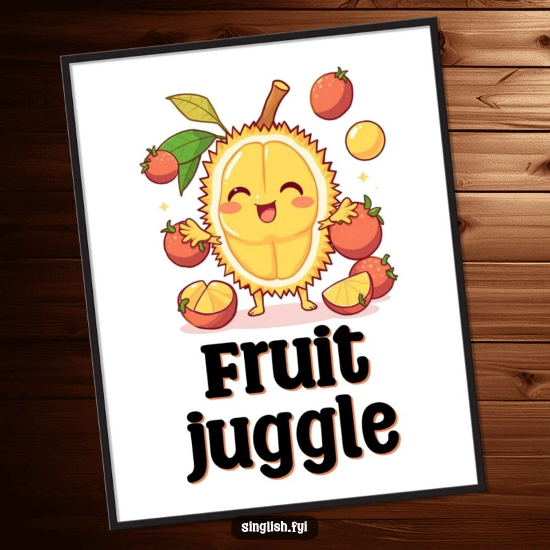 Funny Durian Digital Art Print: A cheerful fruit juggles other fruits, creating funny, tropical wall art, ideal funny gift download.