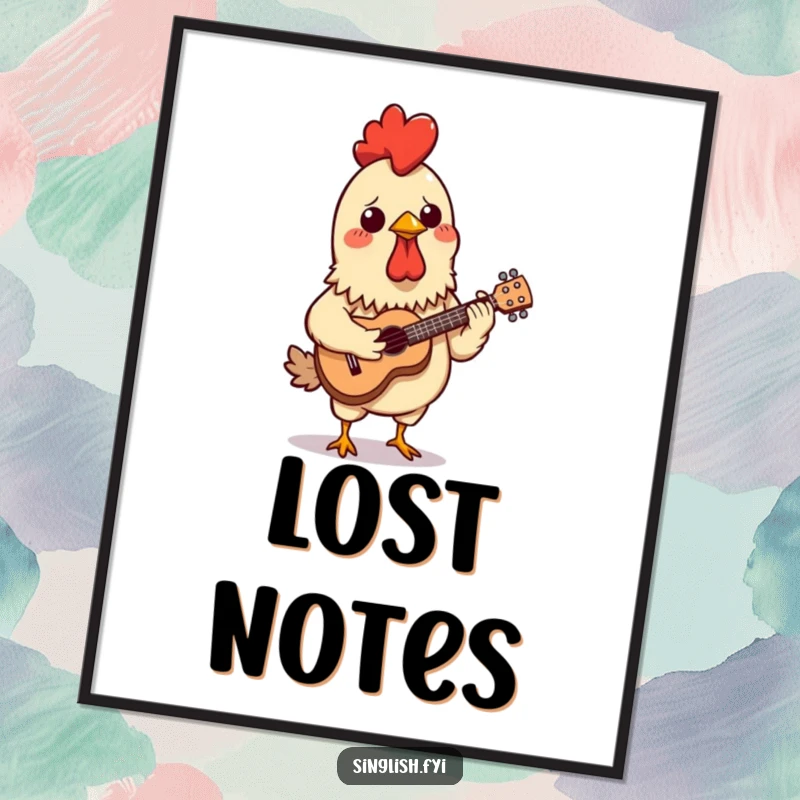 Funny digital art print of a confused chicken satay skewer attempting to play a miniature ukulele, perfect for instant quirky wall decor.