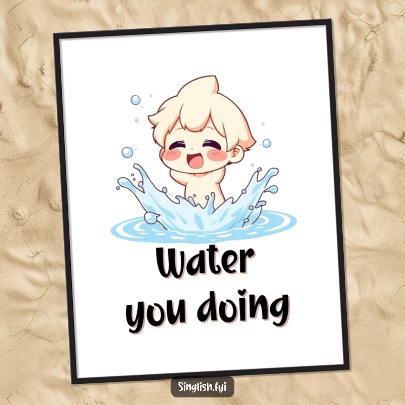 Funny Digital Art Print: Character joyfully splashing water with exaggerated glee, a vibrant and humorous illustration.