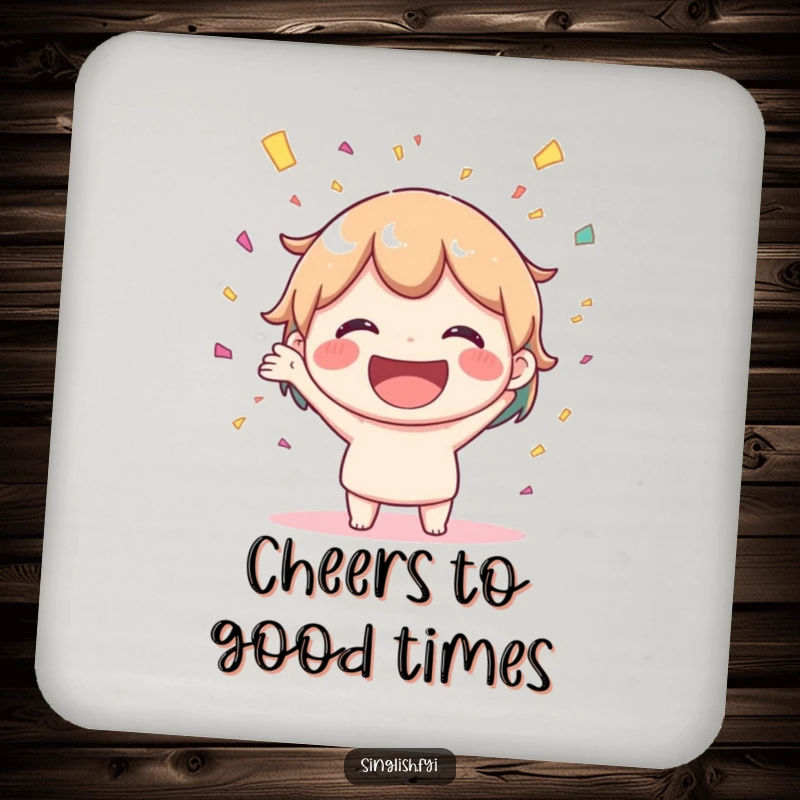 Funny drink coaster set featuring a joyful character throwing confetti, adding a festive and humorous touch to tables.