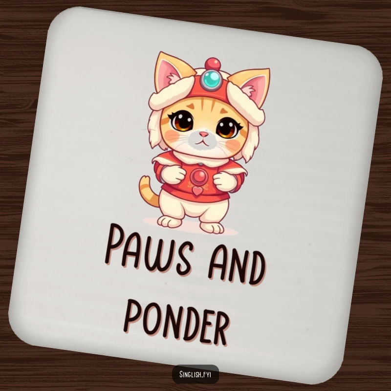 Funny Cat Coaster: A confused cat in a lion costume protects tables with funny pet humor, perfect funny gift.