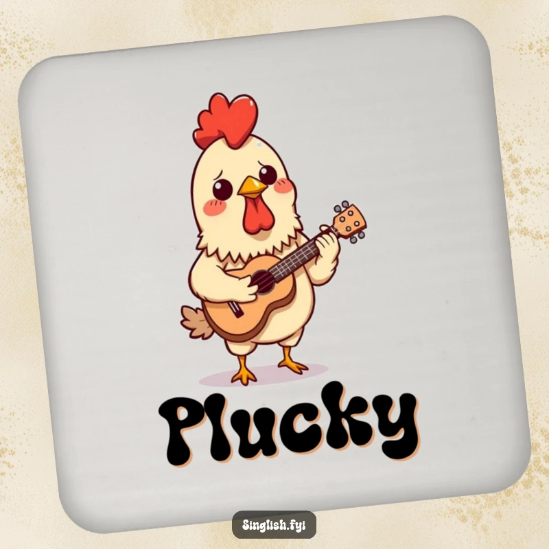 Funny drink coaster featuring a confused chicken satay skewer hilariously attempting to play a miniature ukulele, adding quirky charm.