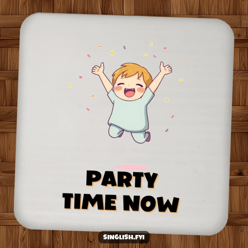 Funny Confetti Jump Coasters showing a character jumping with joy and tossing confetti, offering humorous surface protection and festive vibes.