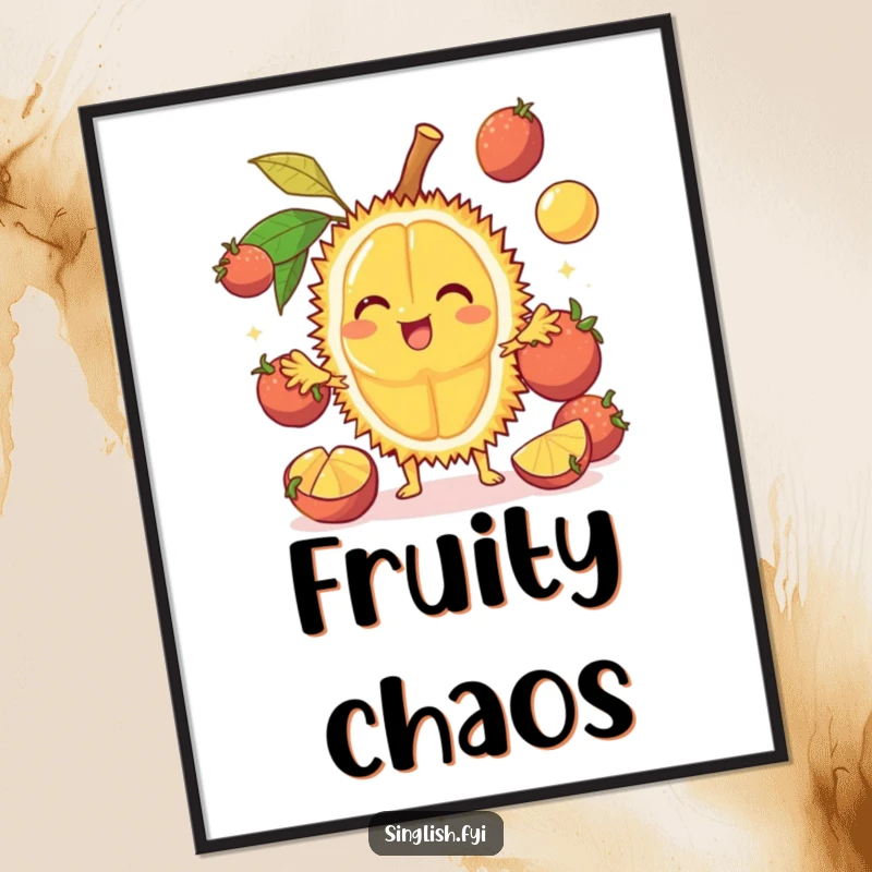 Funny Durian Poster: A cheerful fruit juggles other fruits, creating funny, tropical wall art, perfect funny gift.