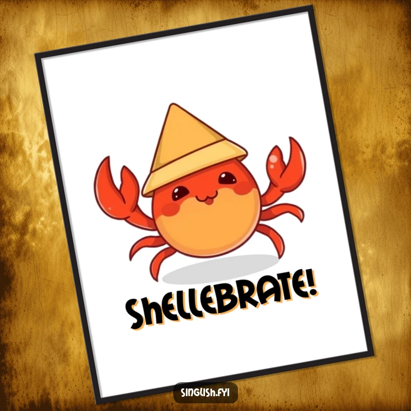 Funny poster featuring a mischievous chili crab character attempting to wear a tiny conical hat, bringing spicy and humorous wall decor.