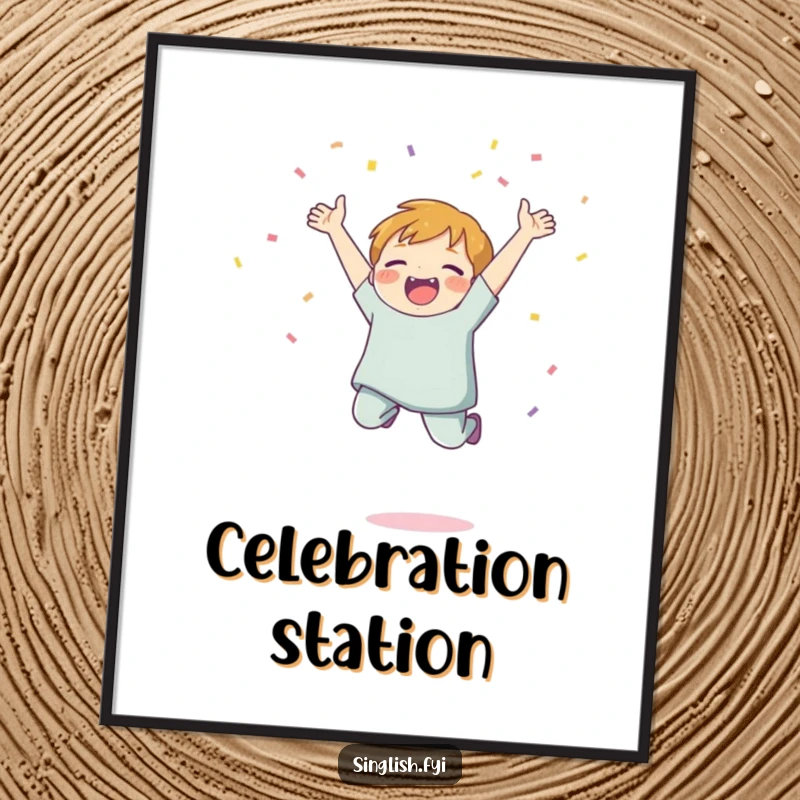 Funny Confetti Jump Poster depicting a character jumping with joy and throwing confetti, ideal for festive and humorous wall decor.