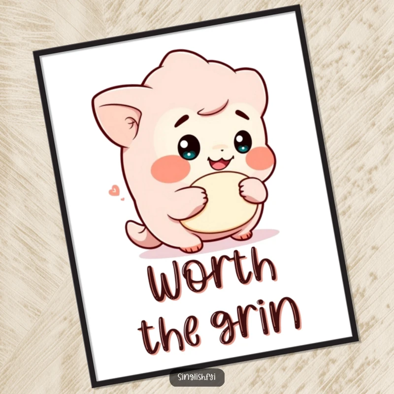 Funny poster art of a cute character with a cheeky grin holding a lah, adding a humorous and vibrant touch to any wall.