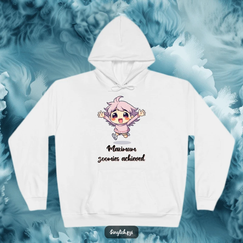 Funny character hoodie depicting energetic running with arms flailing, offering warmth and a humorous sense of boundless excitement.