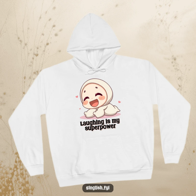Funny hoodie illustration of a character rolling with laughter, symbolizing immense joy and humorous delight. Cozy and funny.