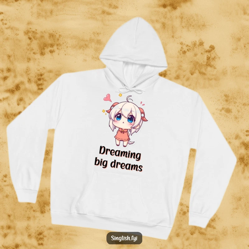 Funny Hoodie: A character looks up with wonder and excitement. Cozy and inspiring.