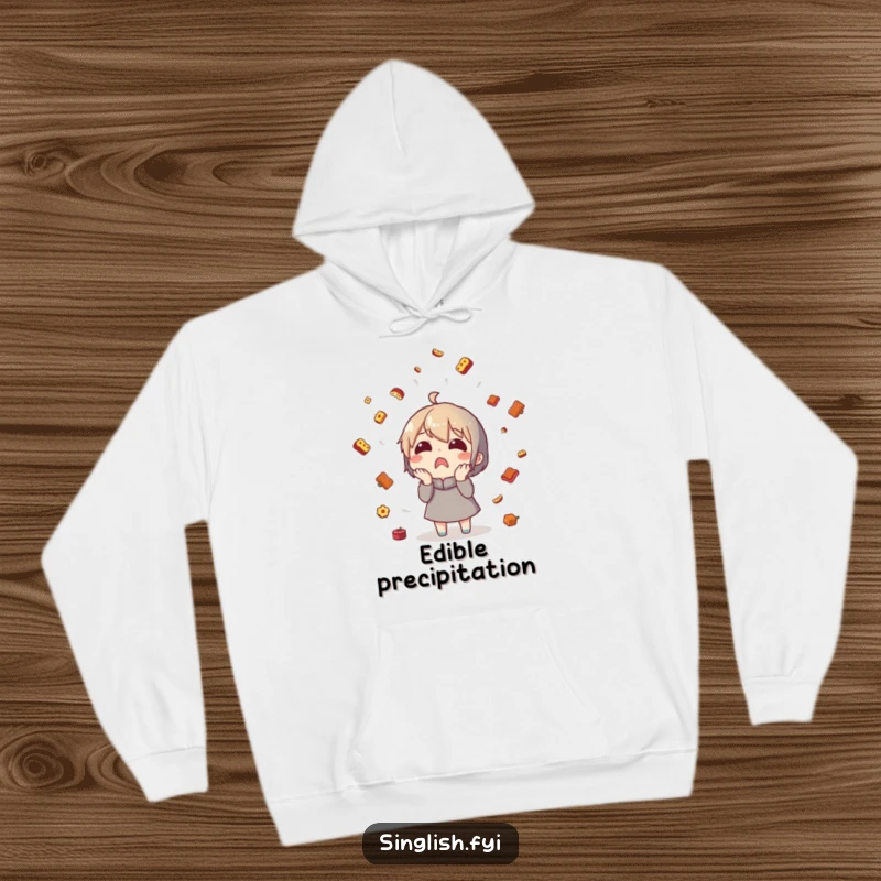 Funny food rain hoodie with a surprised character caught in a downpour of tiny food items, ideal for comfort.