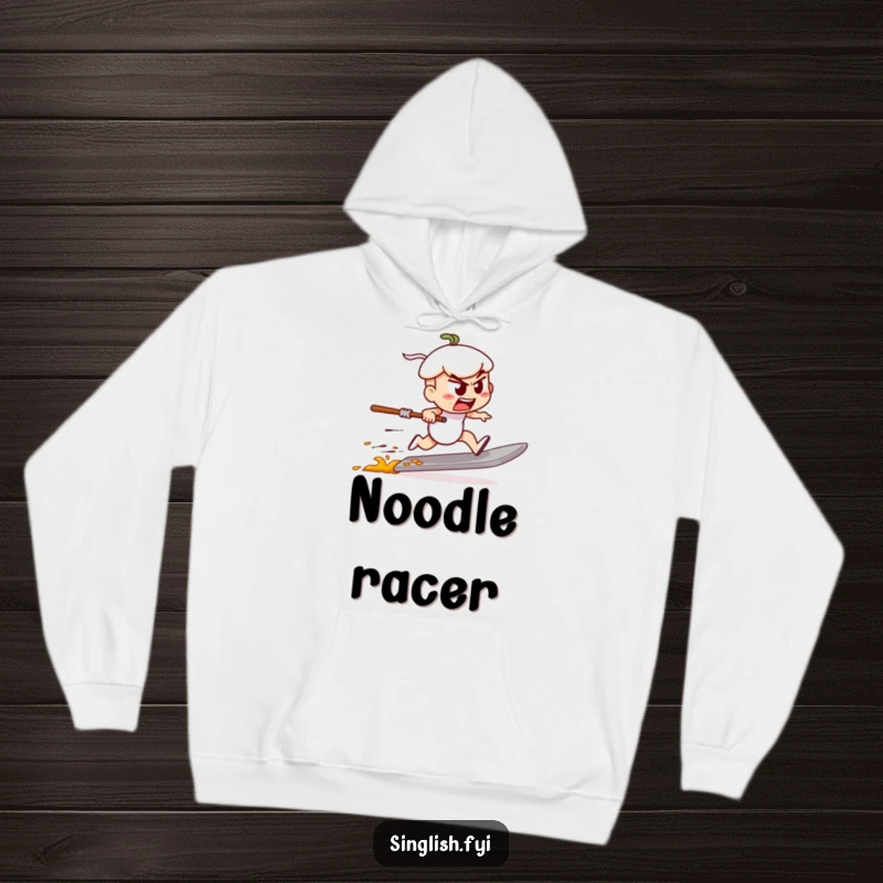 Funny hoodie featuring a determined char kway teow character speed racing on a spatula, offering cozy comfort and humorous style.