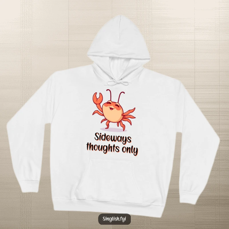 Funny chilli crab hoodie showing a giggling character comically attempting a sideways crab walk, bringing warmth and laughter to the wearer.