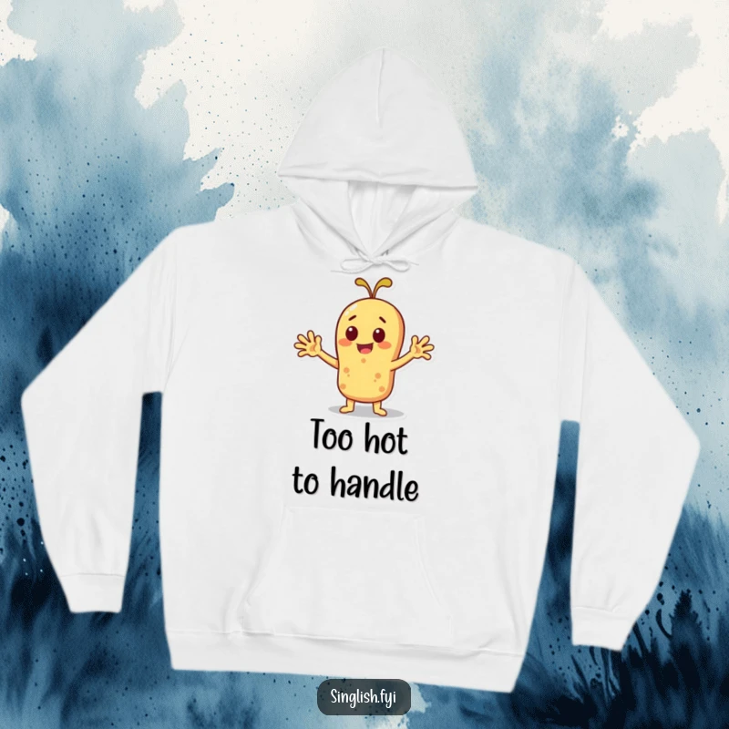 Funny roti character cheerfully fanning itself, depicted on a cozy hoodie, ideal for warm climates.