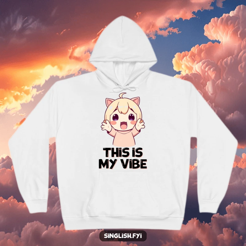Funny Hoodie: A character joyfully surprised, hands up in delight. A comfortable and hilarious gift.
